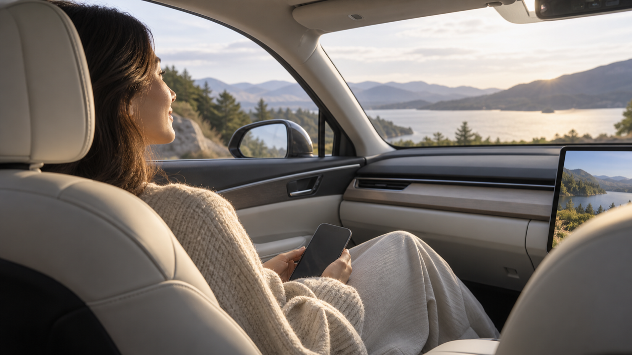 車内でくつろぎながら、スマホを手にする同乗者